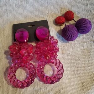 Fun earrings, pink , purple, clip on